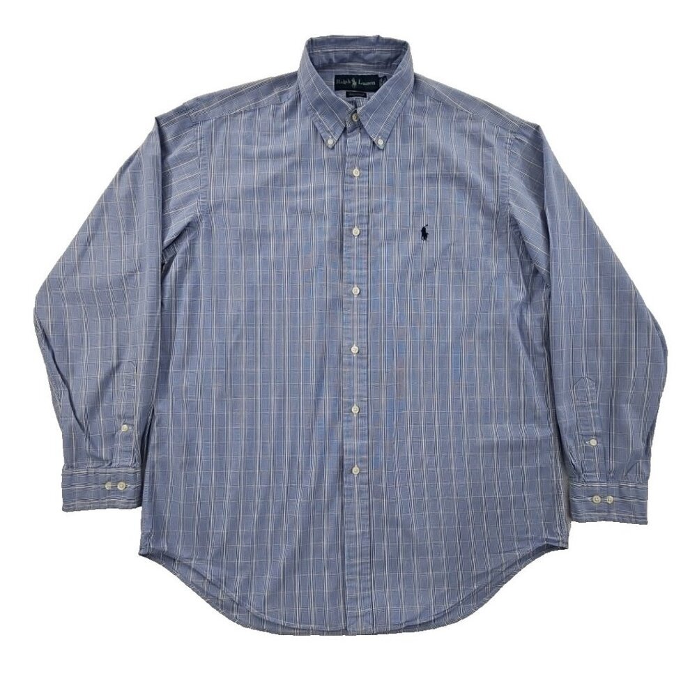 Ralph Lauren Yarmouth Shirt Men's 16 - 34/35 Blue Plaid 100% Cotton EUC Classic